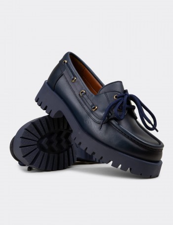 Kadın Hakiki Deri Lacivert Marin Loafer - 02036ZLCVC02