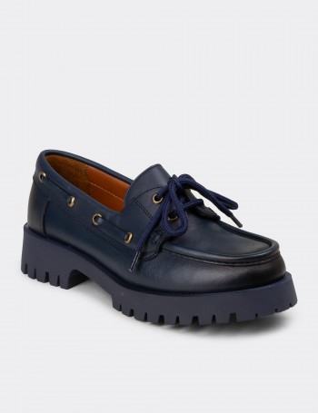 Kadın Hakiki Deri Lacivert Marin Loafer