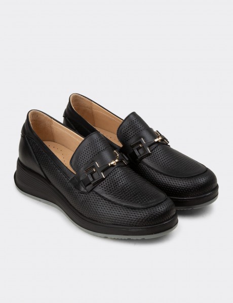 Kadın Hakiki Deri Siyah Dolgu Topuk Loafer