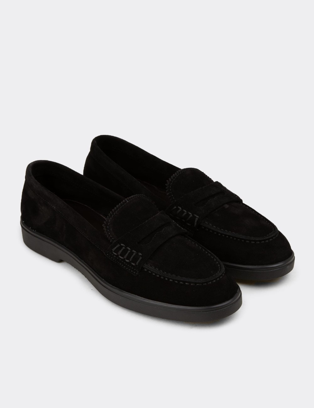 Kadın Hakiki Süet Siyah Loafer Ayakkabı - 02038ZSYHC02