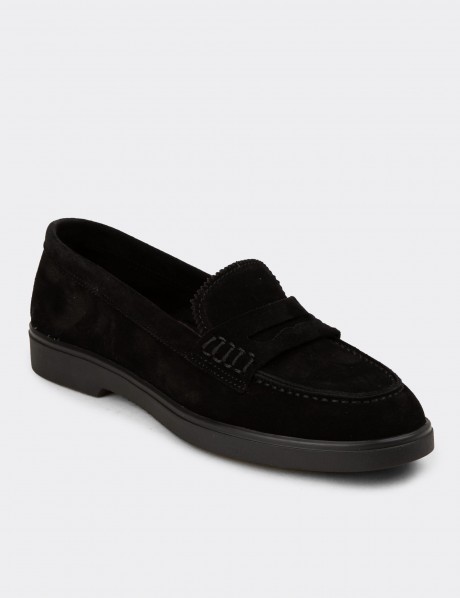 Kadın Hakiki Süet Siyah Loafer Ayakkabı