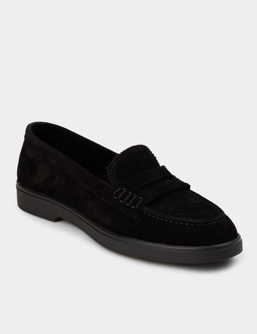 Kadın Hakiki Süet Siyah Loafer Ayakkabı - 02038ZSYHC02