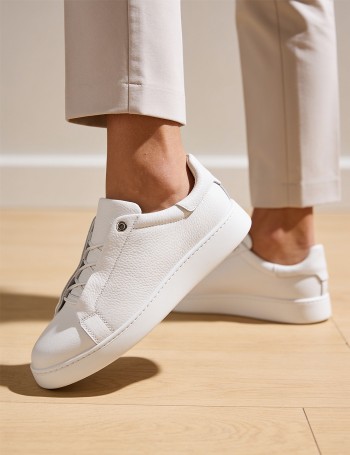 Erkek Hakiki Deri Beyaz Gizli Bağcıklı Sneaker Ayakkabı