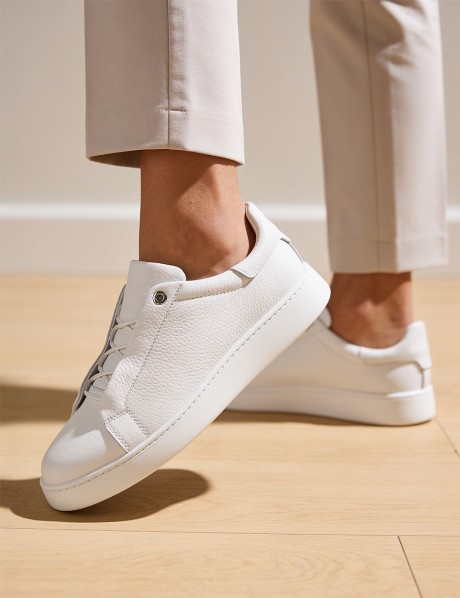Erkek Hakiki Deri Beyaz Gizli Bağcıklı Sneaker Ayakkabı