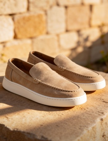 Erkek Hakiki Süet Bej Loafer Ayakkabı