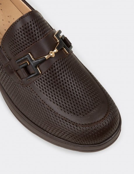 Kadın Hakiki Deri Kahverengi Dolgu Topuk Loafer