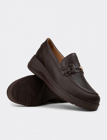 Kadın Hakiki Deri Kahverengi Dolgu Topuk Loafer - N0277ZKHVC01