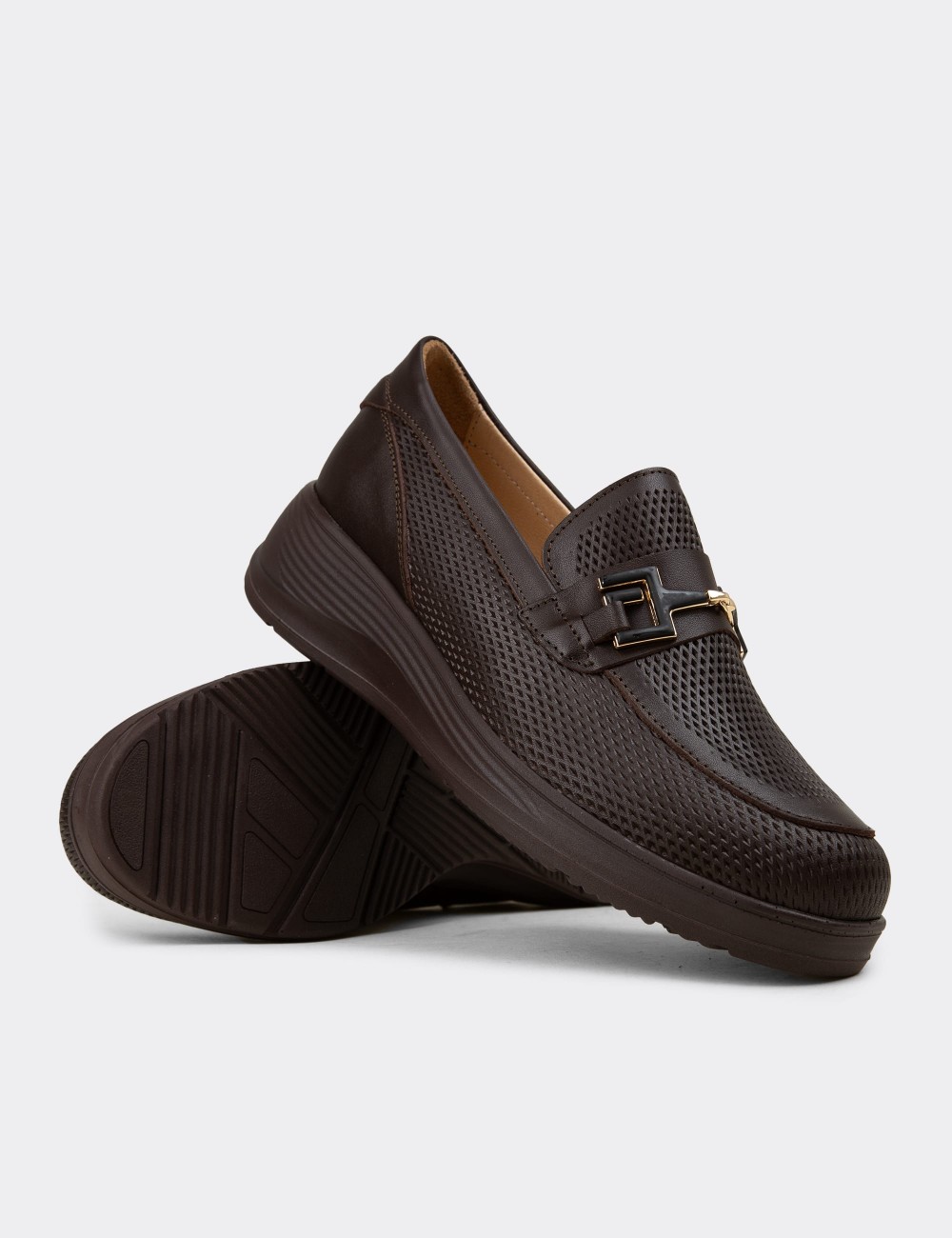 Kadın Hakiki Deri Kahverengi Dolgu Topuk Loafer - N0277ZKHVC01