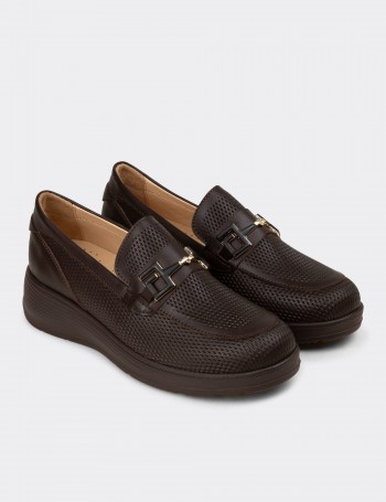 Kadın Hakiki Deri Kahverengi Dolgu Topuk Loafer - N0277ZKHVC01