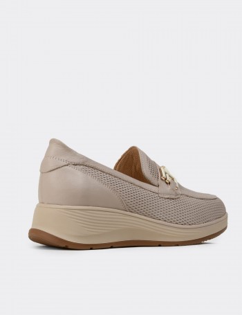 Kadın Bej Hakiki Deri Dolgu Topuk Loafer - N0277ZBEJC01