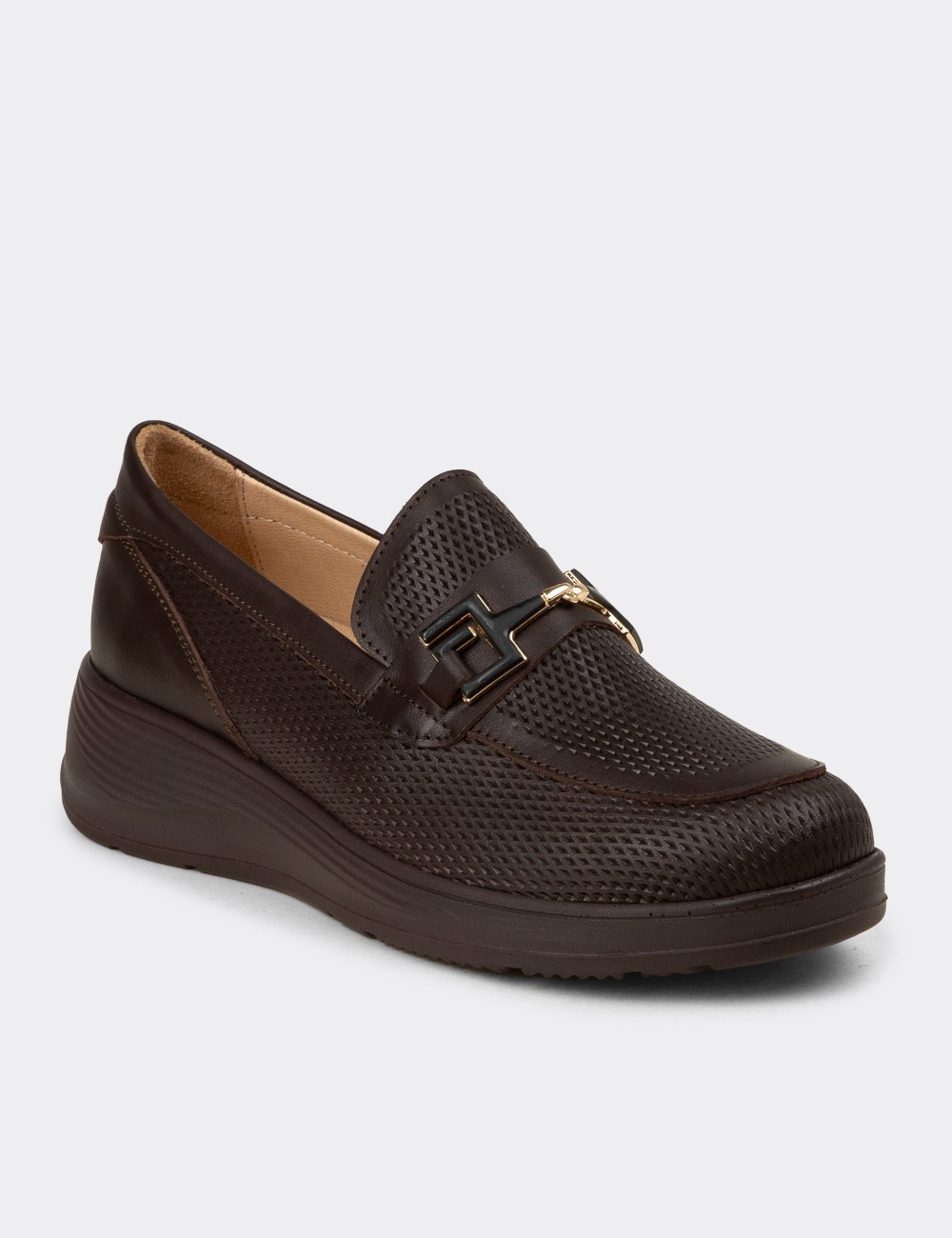 Kadın Hakiki Deri Kahverengi Dolgu Topuk Loafer - N0277ZKHVC01