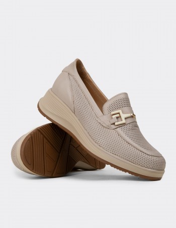 Kadın Bej Hakiki Deri Dolgu Topuk Loafer - N0277ZBEJC01