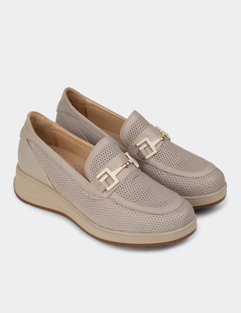 Kadın Bej Hakiki Deri Dolgu Topuk Loafer - N0277ZBEJC01