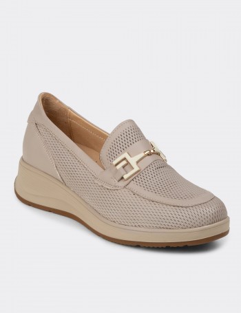 Kadın Bej Hakiki Deri Dolgu Topuk Loafer