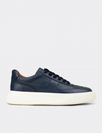 Erkek Hakiki Deri Lacivert Sneaker Ayakkabı