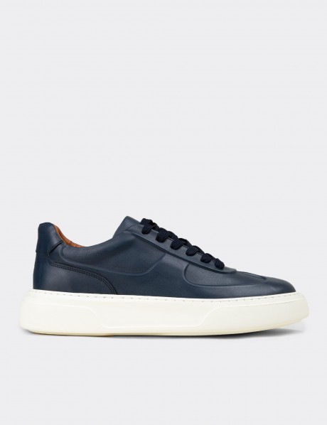 Erkek Hakiki Deri Lacivert Sneaker Ayakkabı