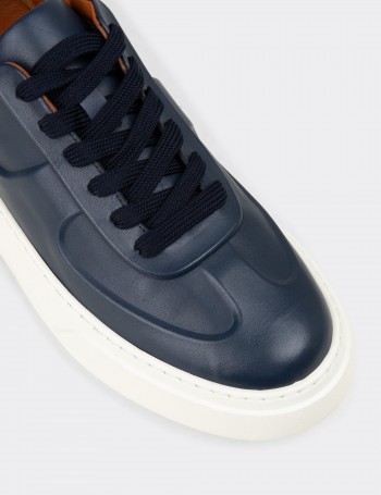 Erkek Hakiki Deri Lacivert Sneaker Ayakkabı - 04601MLCVE01