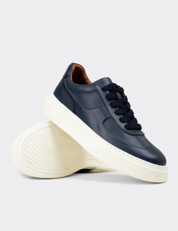Erkek Hakiki Deri Lacivert Sneaker Ayakkabı - 04601MLCVE01