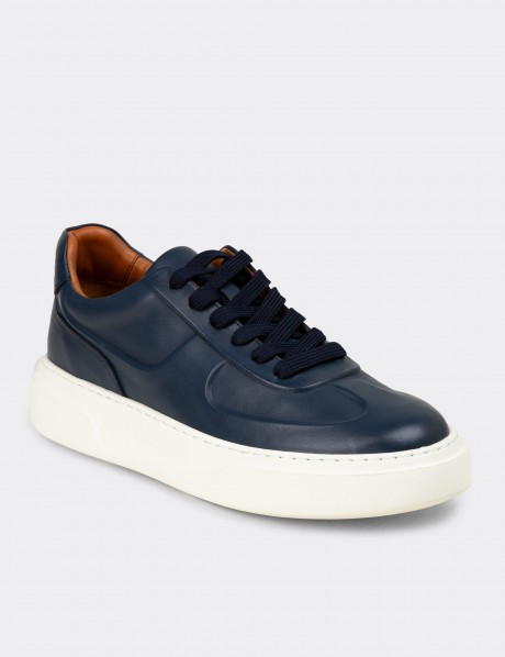 Erkek Hakiki Deri Lacivert Sneaker Ayakkabı
