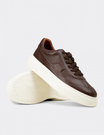 Erkek Hakiki Deri Kahverengi Sneaker - 04601MKHVE01