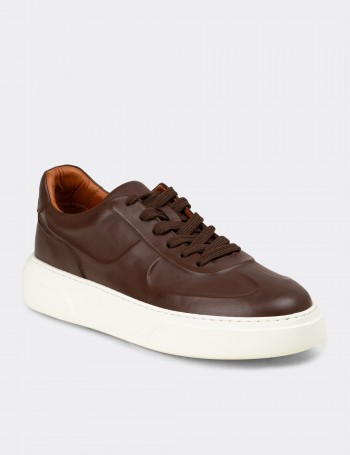 Erkek Hakiki Deri Kahverengi Sneaker