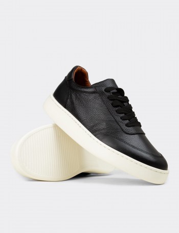 Erkek Hakiki Deri Siyah Sneaker Ayakkabı - 04406MSYHE01