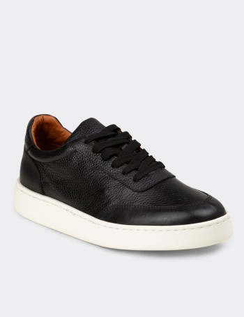Erkek Hakiki Deri Siyah Sneaker Ayakkabı