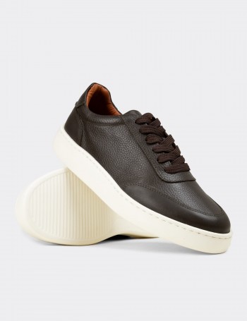 Erkek Haki Hakiki Deri Sneaker Ayakkabı - 04406MHAKE01