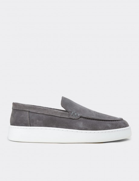 Erkek Hakiki Süet Gri Loafer Ayakkabı