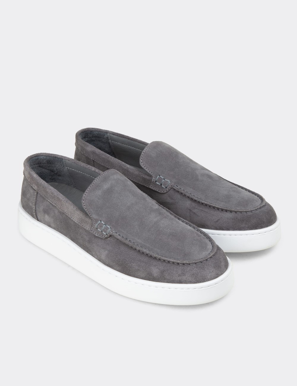 Erkek Hakiki Süet Gri Loafer Ayakkabı - 04405MGRIE01