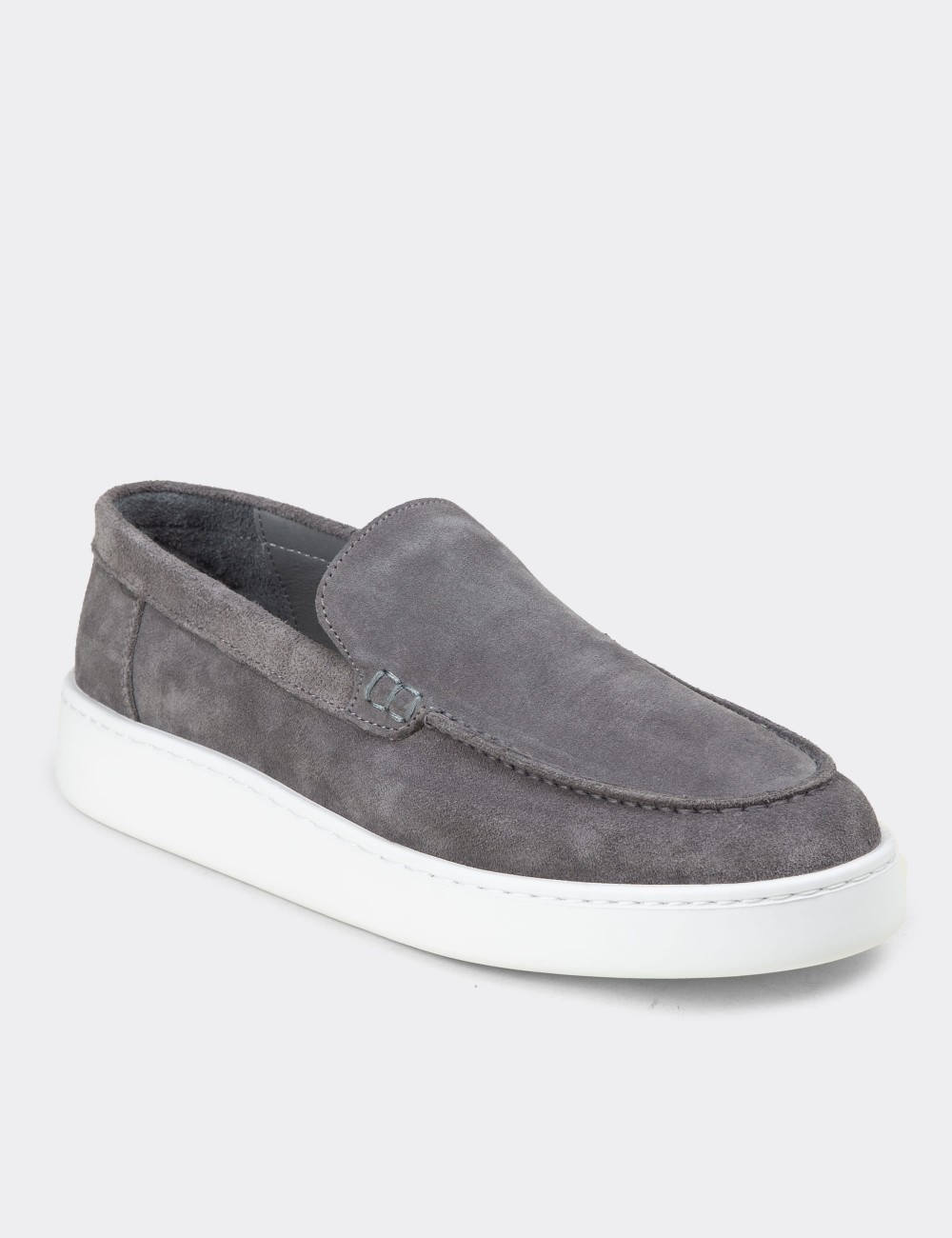 Erkek Hakiki Süet Gri Loafer Ayakkabı - 04405MGRIE01