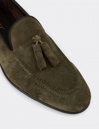 Erkek Hakiki Süet Yeşil Püsküllü Loafer - 01701MYSLC09