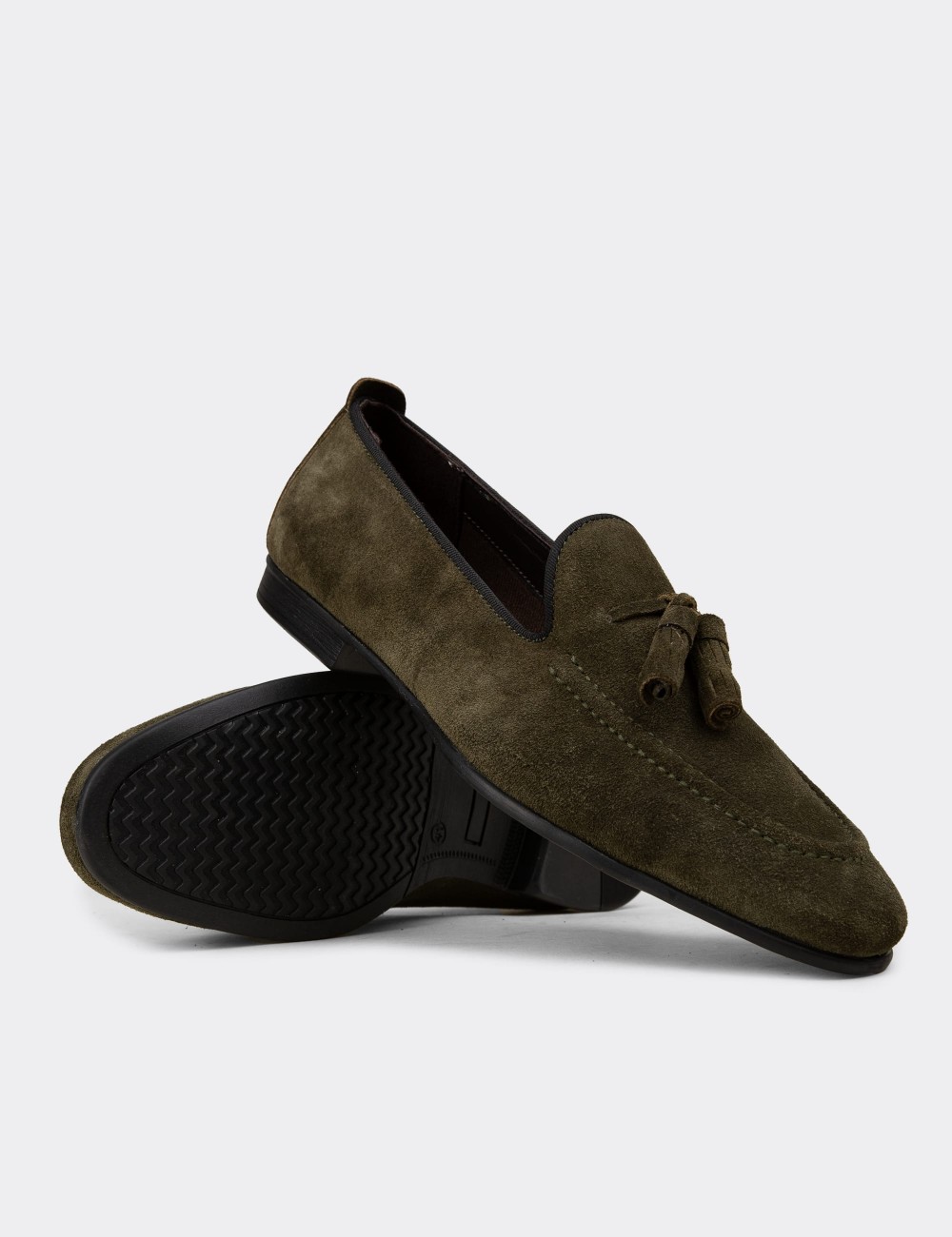 Erkek Hakiki Süet Yeşil Püsküllü Loafer - 01701MYSLC09