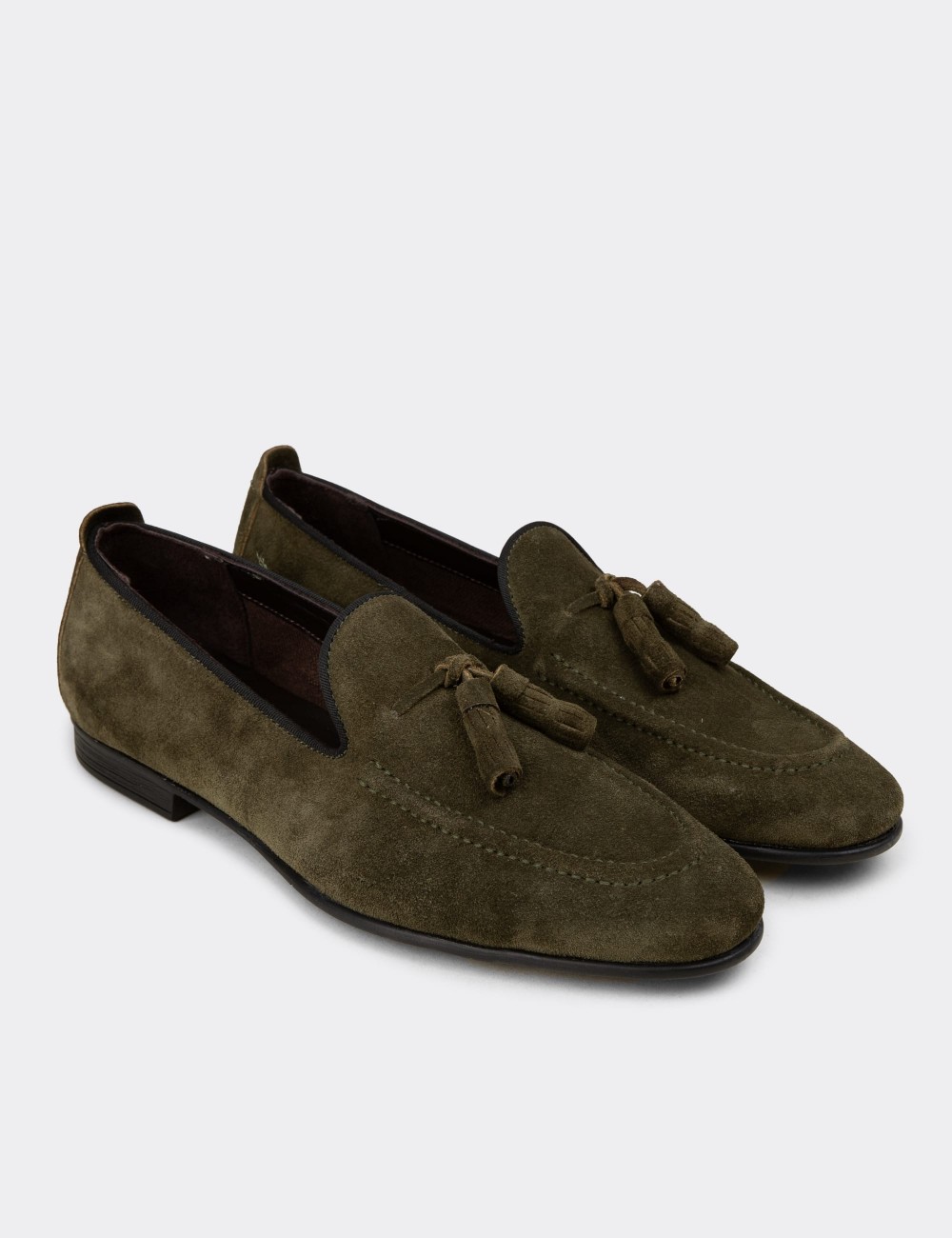 Erkek Hakiki Süet Yeşil Püsküllü Loafer - 01701MYSLC09