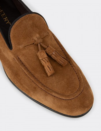 Erkek Hakiki Süet Taba Rengi Püsküllü Loafer - 01701MTBAC27