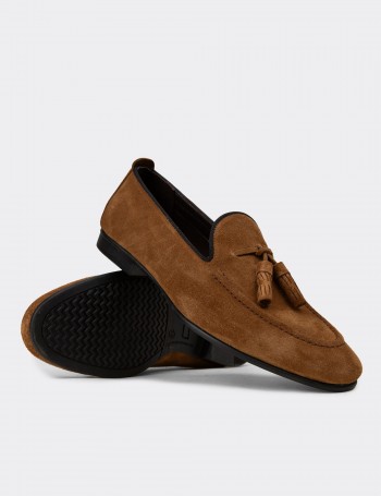 Erkek Hakiki Süet Taba Rengi Püsküllü Loafer - 01701MTBAC27