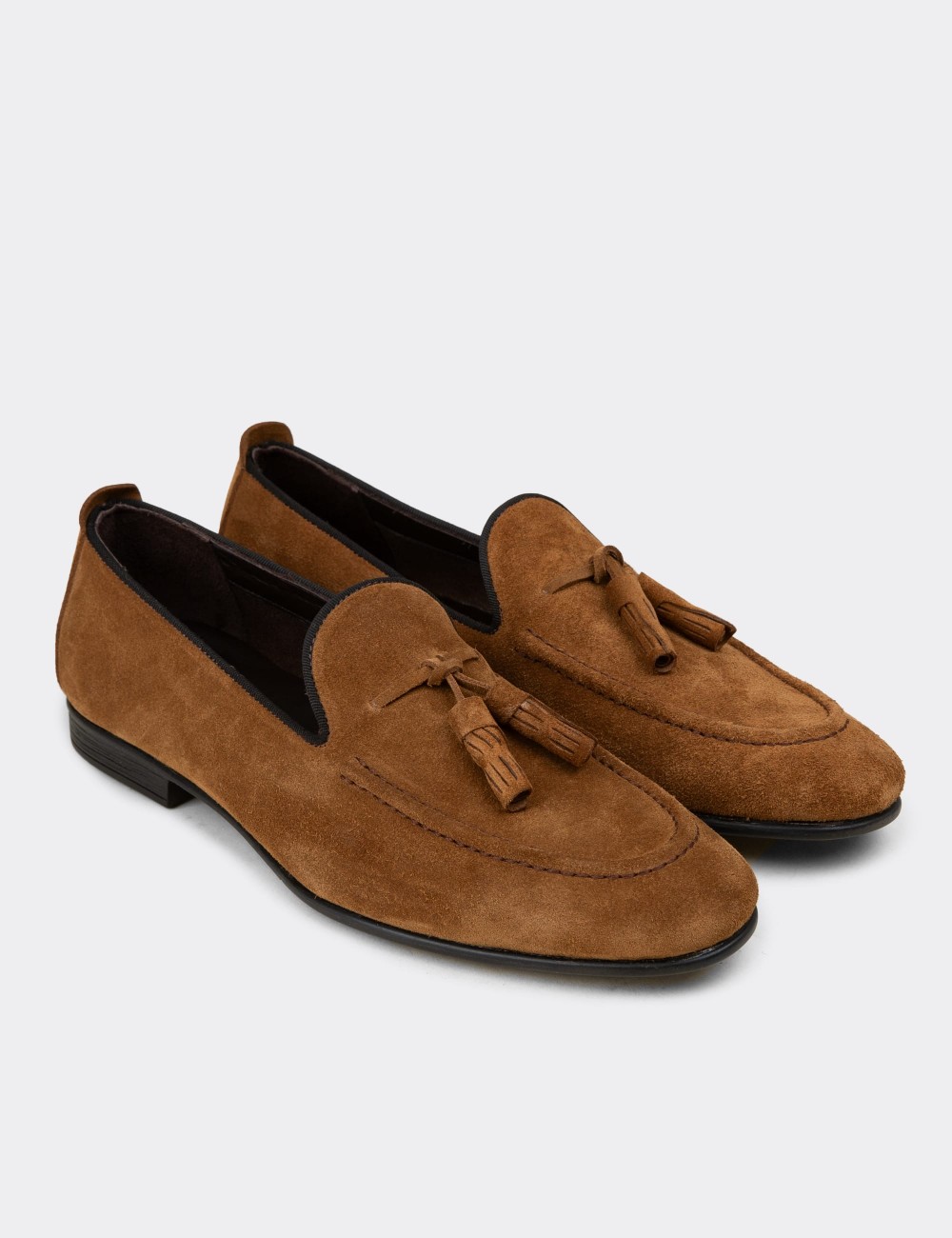 Erkek Hakiki Süet Taba Rengi Püsküllü Loafer - 01701MTBAC27