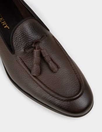 Erkek Hakiki Deri Kahverengi Püsküllü Loafer - 01701MKHVC94