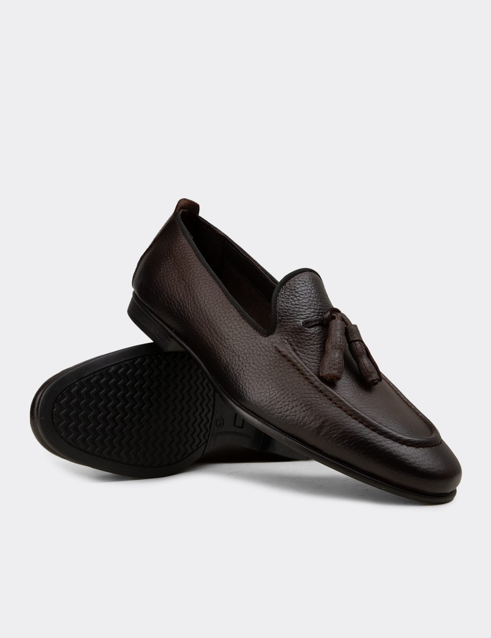 Erkek Hakiki Deri Kahverengi Püsküllü Loafer - 01701MKHVC94