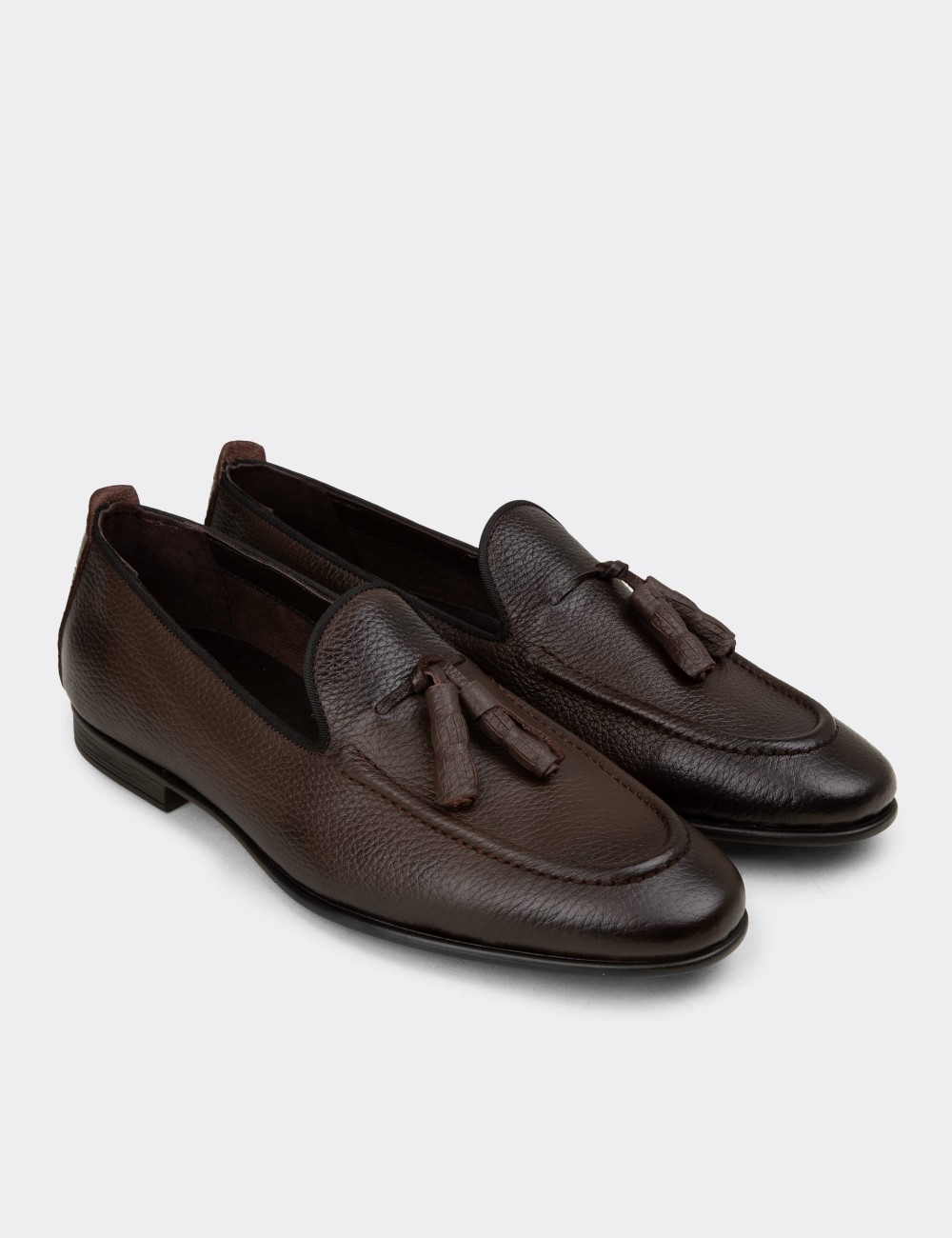 Erkek Hakiki Deri Kahverengi Püsküllü Loafer - 01701MKHVC94
