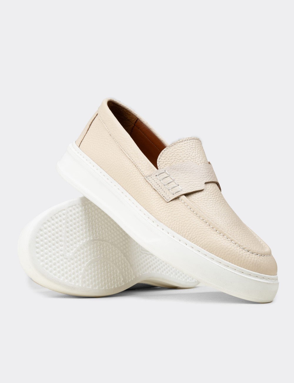 Erkek Hakiki Deri Bej Loafer Ayakkabı - 02043MBEJP01