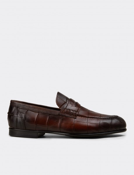Erkek Hakiki Deri Kahverengi Kroko Desenli Loafer