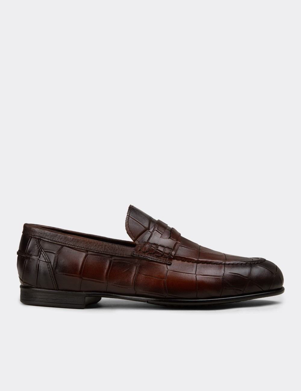 Erkek Hakiki Deri Kahverengi Kroko Desenli Loafer - 02049MKHVC01