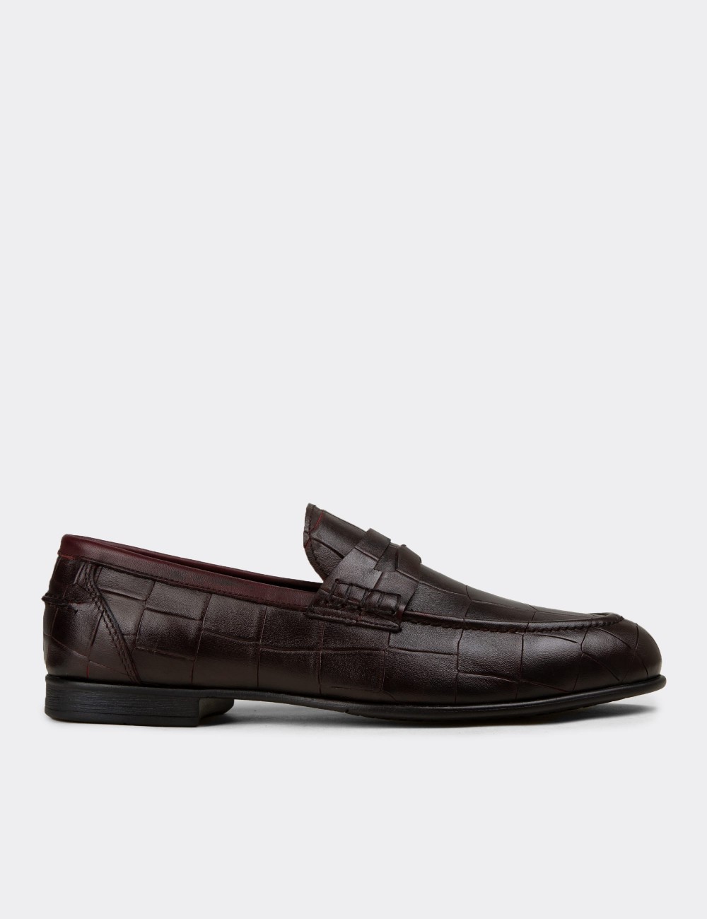 Erkek Bordo Hakiki Deri Kroko Desenli Loafer - 02049MBRDC01