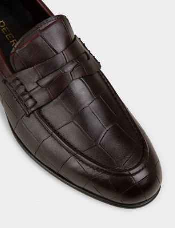 Erkek Bordo Hakiki Deri Kroko Desenli Loafer