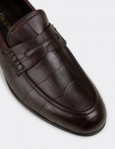 Erkek Bordo Hakiki Deri Kroko Desenli Loafer