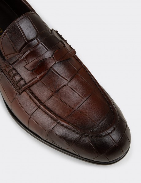 Erkek Hakiki Deri Kahverengi Kroko Desenli Loafer