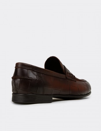 Erkek Hakiki Deri Kahverengi Kroko Desenli Loafer - 02049MKHVC01