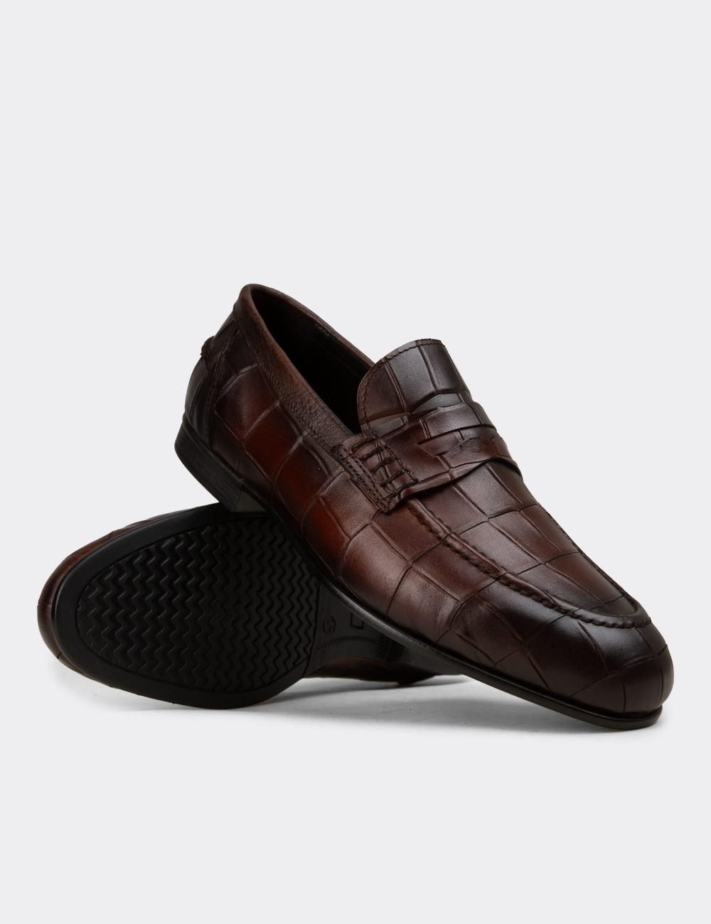 Erkek Hakiki Deri Kahverengi Kroko Desenli Loafer - 02049MKHVC01