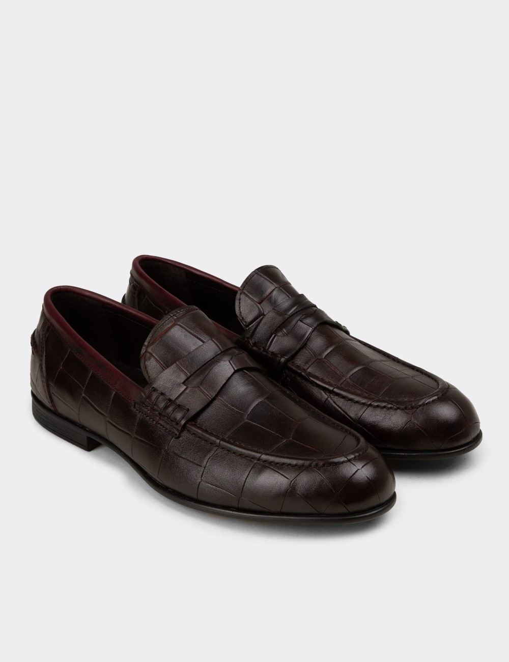 Erkek Bordo Hakiki Deri Kroko Desenli Loafer - 02049MBRDC01